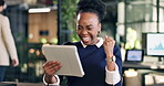 Tablet, fist pump and black woman in office with good news, celebration or finance bonus on app. Happy, digital technology and financial advisor with achievement for revenue growth or job promotion.