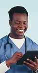 Happy, man and nurse in studio with tablet, medical research and check chatbot for telehealth app. Healthcare worker, black person and scroll with tech, good news or AI innovation on blue background.