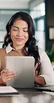 Businesswoman, reading and scroll in office with tablet, email and risk assessment for insurance claim. Person, review terms and conditions in company with tech, invoice and payout for policy cover.