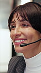Happy, headset and businesswoman in office for contact us, crm or help desk on terms and conditions. Smile, mic and customer service consultant with online assistance, consultation or advice support.