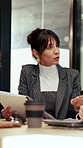 Team, meeting and woman with documents in office, talk and planning for case with legal information. Attorney, collaboration and mature person with paperwork, discussion and investigation in law firm