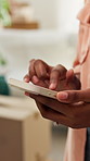 Phone, hands and person in new home with app for real estate, property loan or interior design research. Internet, relocation and woman with mobile in house for bond, mortgage information or scroll
