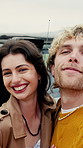 Face, couple and road trip in nature with smile, travel and adventure for summer holiday. Portrait, people and kiss outdoor with vehicle, partner affection and bonding together for vacation getaway