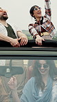 Road trip, music or friends outdoor with car, good time or bonding journey on weekend break. Fun, sunglasses or people in nature with vehicle, grooving together or happy moment with auto adventure.