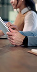 Man, hands and tablet in office with meeting, review agenda and research for financial management. Person, scroll and browsing in business with tech, proposal and online summary for team planning.