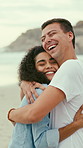 Laugh, hug and couple at beach for date, love and affection on holiday, vacation and getaway. Happy, ocean and man with woman embrace for romantic connection, relationship and bonding on weekend