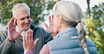 Senior couple, fitness and high five in nature, support and happy after physical activity or success. Outdoor, mature people and celebration for health achievement, retirement and wellness on break