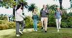 Fitness, personal trainer and running with senior people at park, training or exercise for wellness. Retirement, health club and cardio with instructor in nature, happy and workout routine with group