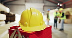 Carpentry, helmet and toolbox in warehouse with people shaking hands for manufacturing agreement. Engineering, hardhat and production with designer team in woodworking factory for deal or success