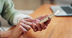 Phone, typing and old woman hands in house with text message, online and mobile app for retirement plan. Senior person, browse and research in home with tech, internet and website for life insurance.
