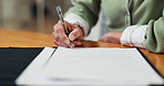 Senior, woman and hands with paperwork for signature, life insurance or form for asset management. Old person, sign legal documents or title deed in retirement for estate planning, will and testament