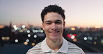 Face, smile and man in city at night for travel, tourism and sightseeing for holiday in town. Bokeh, portrait and person with laugh, confidence and happy on vacation, weekend break or evening outdoor
