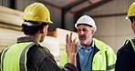 Carpentry, team and meeting in warehouse with question, design discussion and woodwork manufacturing. People, talk and collaboration in factory with carpenter advice, furniture production and project