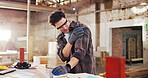 Carpentry, shoulder pain or man in workshop with massage, muscle issue or fatigue in building project. Accident, overworked or carpenter with discomfort, arm strain or labor injury in woodworking.