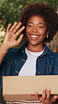 Happy, wave and black woman with box for delivery goodbye, customer satisfaction or thank you. Female person, door or gate with smile, parcel or package for online order, farewell or courier service