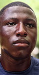 Tired, black man and sweat in nature for fitness, exercise and exhausted from intense training. Thinking, athlete and male person at park with fatigue, sports workout and runner breathe for recovery