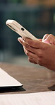 Person, hands and phone in office for contact, business message or typing response on email app. Employee, mobile and laptop in workplace for research, AI insight and update schedule for productivity