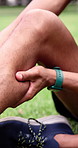 Fitness, hands and calf strain at park from runner injury, muscle cramps and training overload. Massage, person or tendon rupture outdoor from exercise accident, joint inflammation and leg discomfort