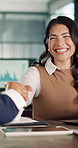 Business, handshake and businesswoman with client, laughing and approval for investment opportunity. Office, financial advisor and happy person with laptop, agreement and shaking hands with investor