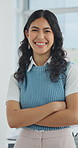 Face, arms folded and woman in office with smile, fashion magazine editor and creative career. Laughing, confidence and happy person in business, style publication and portrait with pride in Portugal