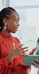 Woman, team or discussion with tablet in office for project planning, proposal or sharing ideas. Female person, web designer or conversation with colleague or technology for online app or schedule