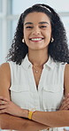Face, confidence and happy woman in office, creative copywriter and laugh for career growth. Smile, arms crossed and funny person in business with positive attitude, content writer and about us