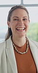 Face, funny and business woman in agency as brand advisor with experience, advertising and smile. Laugh pride and happy person in office, campaign professional or portrait for job development