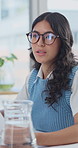 Meeting, glasses and businesswoman in office with planning for finance report with revenue growth. Talking, ideas and financial manager in discussion with brief on investment proposal in workplace.