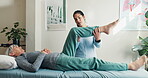 Physiotherapy, old woman or chiropractor with stretch, leg exam or checkup in rehabilitation center. Health, senior patient or practitioner with knee, consultation or mobility test in muscle recovery