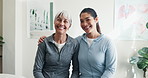 Face, physiotherapist and old woman in office with smile, checkup and medical for injury recovery. Portrait, person or senior patient with embrace, physiotherapy and healing muscle for rehabilitation
