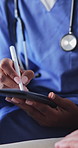 Tablet, hands and caregiver with senior person for help, consulting and medical report with stylus. Retirement, nurse and elderly patient on tech for results, telehealth and assistance in home