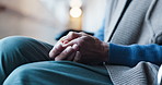 Thinking, anxiety and hands of elderly woman with reflection, concern and nervous for diagnosis. Retirement, nursing home and person with worry, memory loss and anxious for dementia or Alzheimers