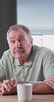Senior, thinking and discussion with man in house for retirement plan, advice or support. Elderly, male person or contemplating with decision for pension option, choice or  conversation in home