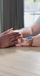 Senior care, support or people hand holding in nursing home for dementia, reassurance or retirement. Compassion, companion caregiver and encourage pensioner for emotional comfort, trust and wellbeing