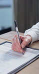 Senior, person and hands with documents for signature, retirement contract or legal agreement. Elderly, client or signing with financial advisor for pension application, deal or asset management