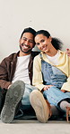 Happy, floor and face of couple in home with bonding, love and care together by mockup space. Smile, relax and portrait of man with woman for connection, commitment or weekend break in house.