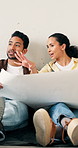 Couple, talking and document at house with blueprint, layout and interior design for renovation. People, relax and discussion with paperwork for floor plan, property expansion and home improvement