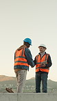 City, architect and men with tablet, handshake or planning for property development with info on web. Engineer, teamwork and happy people with tech, shaking hands and inspection on construction site