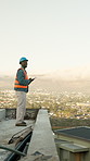 Architect, vision and tablet with black man on rooftop for property, engineer and real estate plan. City view, online blueprint and thinking with person on construction site for report and tech