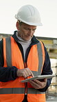 Engineer, scroll and tablet with man at building for property, architect and real estate plan. Inspection, online blueprint or tech with mature person on construction site for progress report