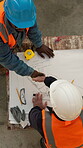 Engineering, handshake and people with blueprint on table for architecture, project and design proposal. Construction success, building and floor plan with men shaking hands for agreement and above