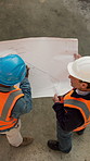 Engineering, team and meeting with men with blueprint for architecture, project and design proposal. Construction layout, building site and floor plan with people for property renovation and above