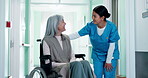 Nurse, smile and old woman in wheelchair in hospital, rehabilitation and support for senior patient. Clinic, medical professional and elderly person with disability, kindness and empathy with gesture