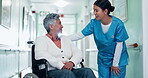 Happy, nurse and old woman in wheelchair in hospital, rehabilitation and support for senior patient. Clinic, medical professional and elderly person with disability, kindness and empathy with gesture