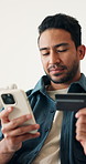 Man, credit card and happy with phone for online shopping, ecommerce and payment information. Person, cvv number and technology for digital banking, money transfer or loan payout with mobile app