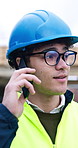 Man, engineer and phone call at site for construction, inspection and discussion for architecture. Thinking, person and mobile at worksite for evaluation, update and conversation on building progress