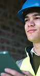 Construction, thinking or man with tablet, site reflection or progress report on building project. Industrial, space or engineer with tech, development perspective or operation plan on digital app.
