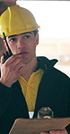 Engineer, radio and walk with clipboard for construction, inspection or discussion for architecture. Man, talk and checklist with tech for safety check, instructions and feedback on building progress