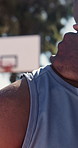 Basketball, hands or man with neck pain on court for match accident, nerve compression or whiplash. Athlete, player or massage cervical ache outdoor for discomfort, sports injury or repetitive strain