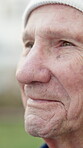 Thinking, smile and old man outdoor with insight, daydreaming and nostalgia in calm mindset. Retirement, reflection and senior person with memory, flashback and peaceful perspective in backyard.